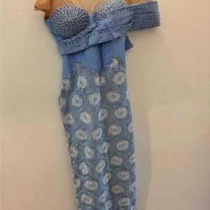 Blue Strapless Beaded Dress